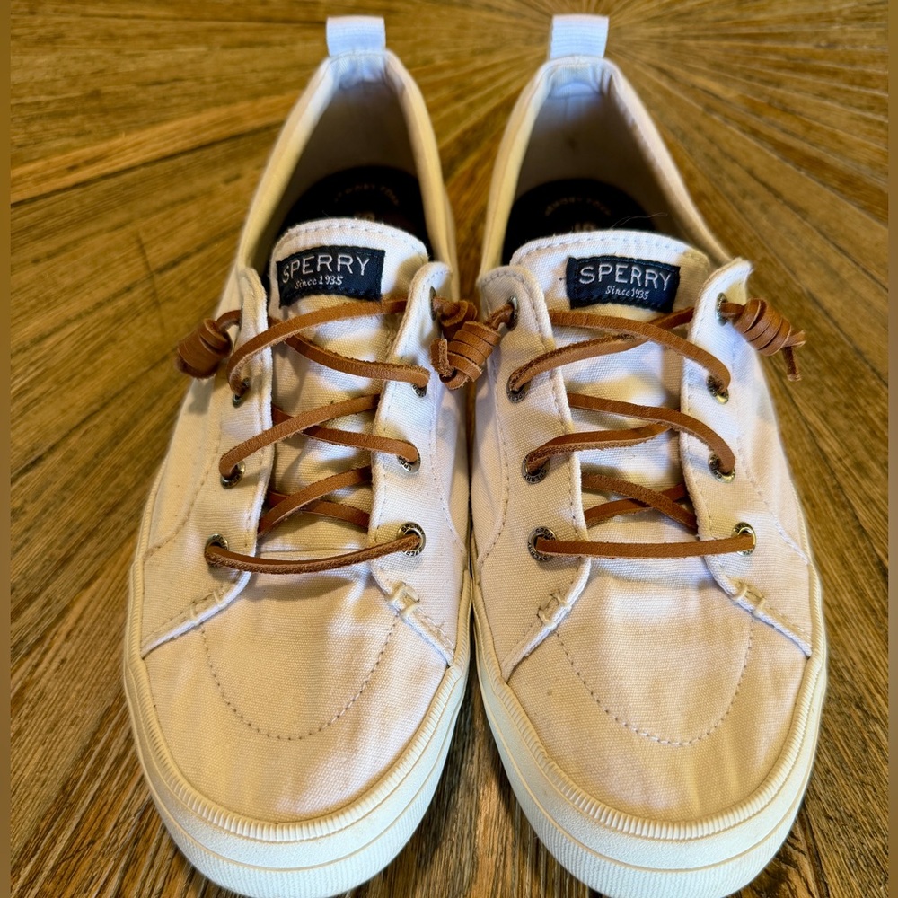 Sperry White Canvas Boat Shoes Sneakers Leather Laces Women’s 9.5 Classic Deck